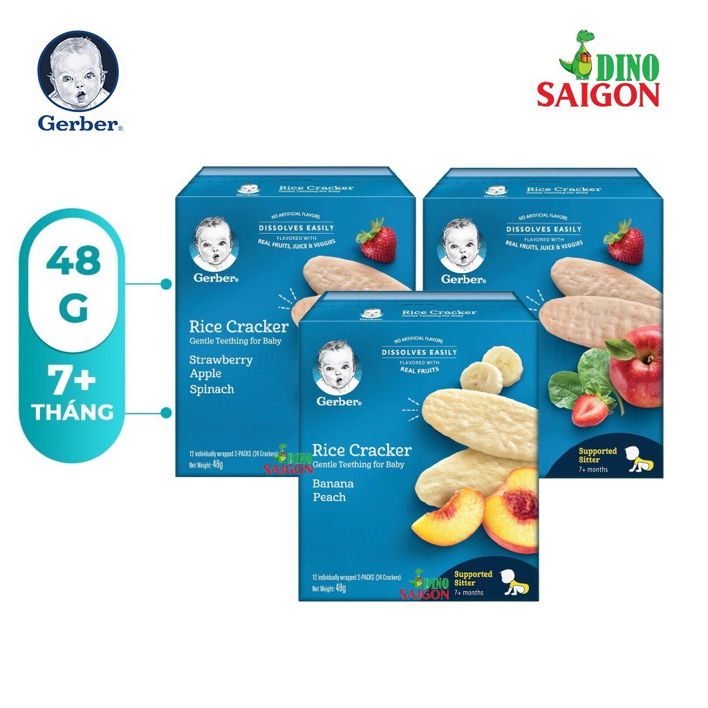 Combo 3 Hộp Bánh Gạo Ăn Dặm Gerber 48g Gồm 2 Vị Dâu Táo Cải Bó Xôi Và 1 Vị Chuối Đào