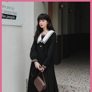 Váy babydoll Đầm Dài Dáng Rộng Cổ Hải Quân Màu Đen Phong Cách Nhật Hàn Thời Trang Mùa Thu 2020 Cho Nữ