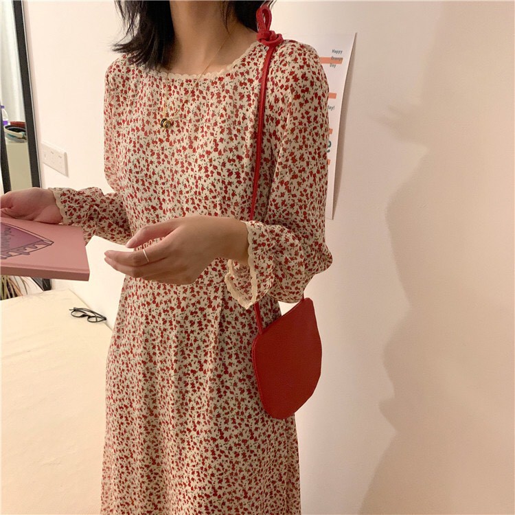 Váy trắng đỏ hoa nhí babydoll cổ vuông ren ulzzang dài tay vintage , Đầm nữ hoa trắng thiết kế dáng dài | BigBuy360 - bigbuy360.vn