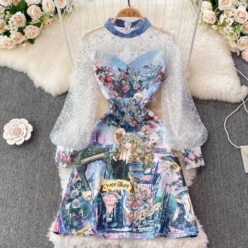 Đầm tay dài cổ chân họa tiết bắt mát màu xanh mix voan lưới đủ size có lớp lót trong