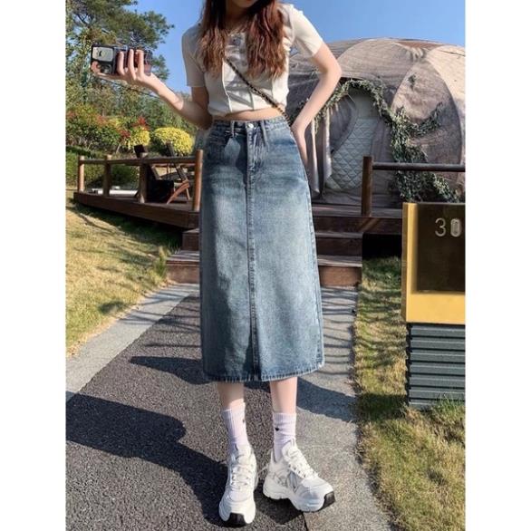 CHÂN VÁY JEANS XANH ĐẬM DÁNG DÀI XẺ SAU