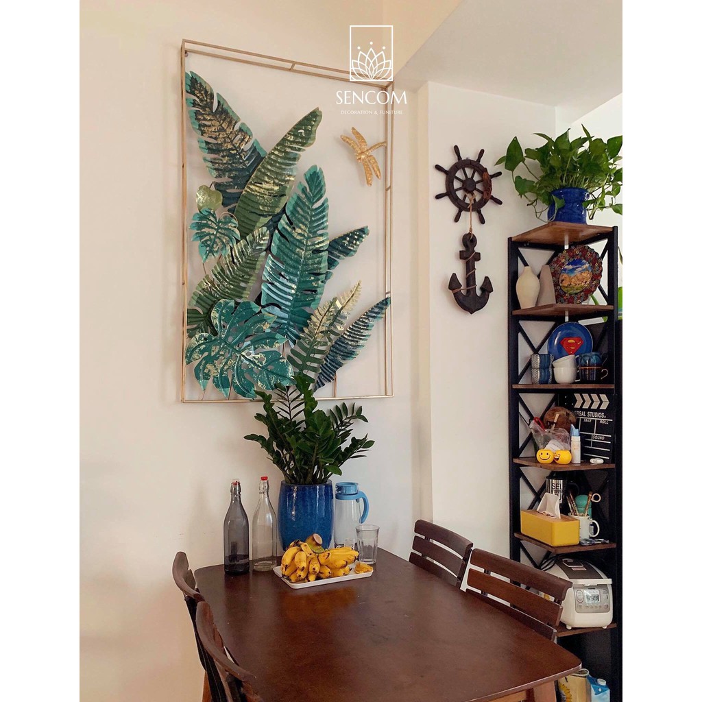 Tranh sắt treo tường nghệ thuật, trang decor trang trí hoa 2 vòng xanh lá đẹp cao cấp - 2059