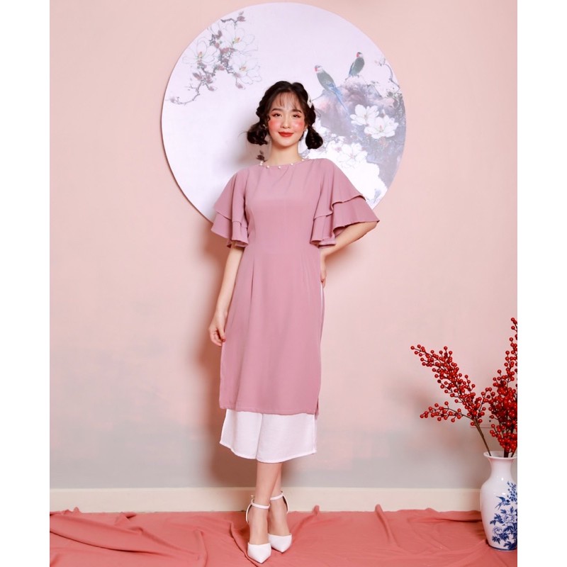 ÁO DÀI TẾT - PINK PEARL AODAI - ÁO DÀI CÁCH TÂN HỒNG PHẤN TAY LOE