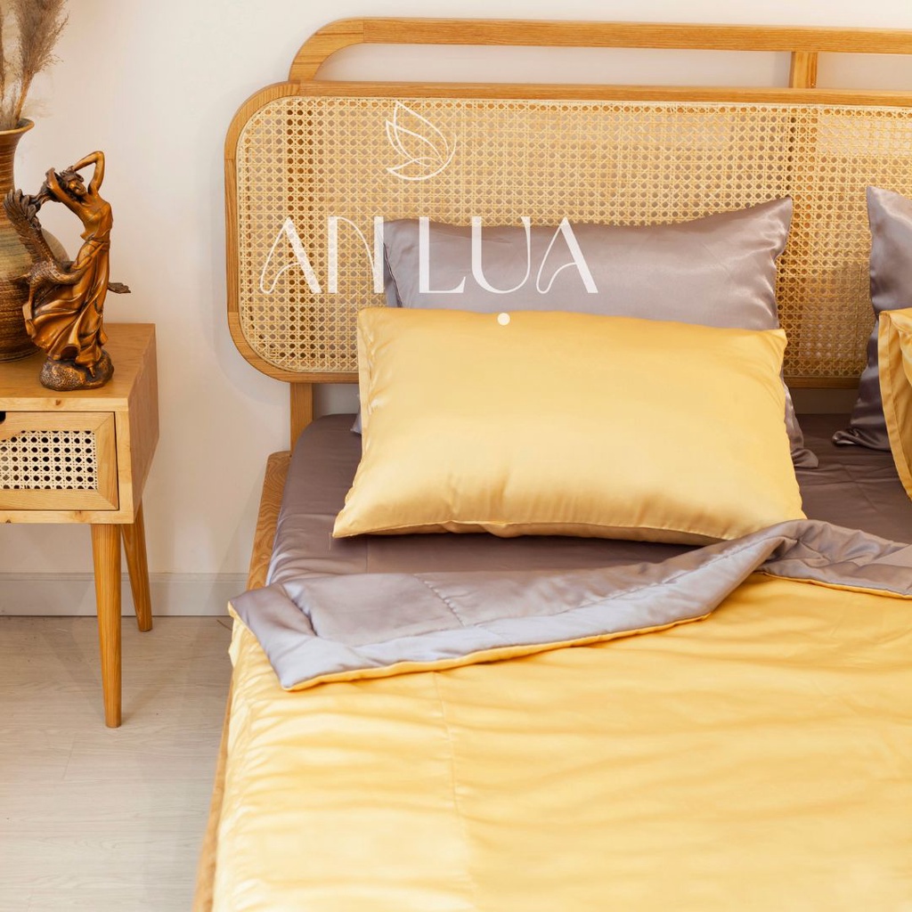 Bộ chăn drap 5 món An Lụa - Vàng + xám tro - vải lụa mịn mát và thân thiện cho da