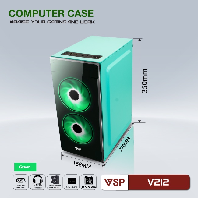 Case VSP V212 Xanh (Chuẩn mATX) Hai Mặt Kính Cường Lực