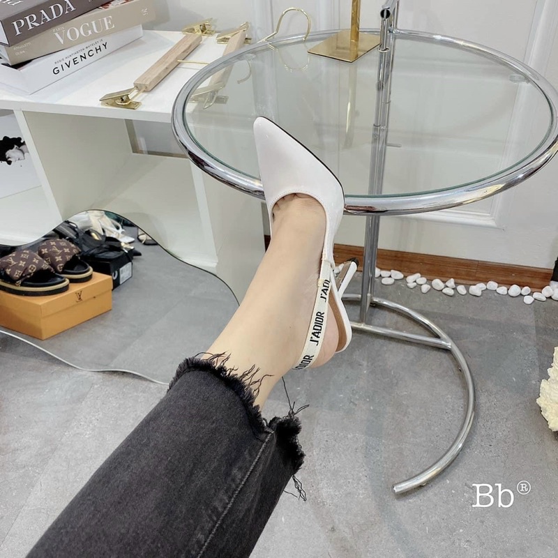 Cao gót trắng da bóng nơ chữ gót nhọn cao cấp