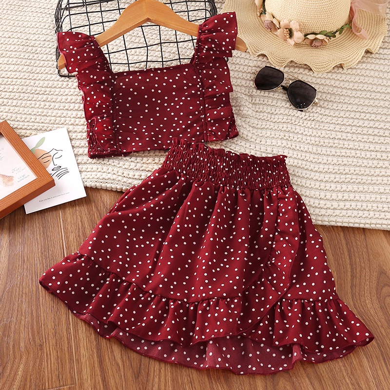 SIYYIS Bộ Áo Croptop Chấm Bi + Chân Váy Chữ A Thời Trang Mùa Hè Xinh Xắn Cho Bé Gái 5-12 Tuổi