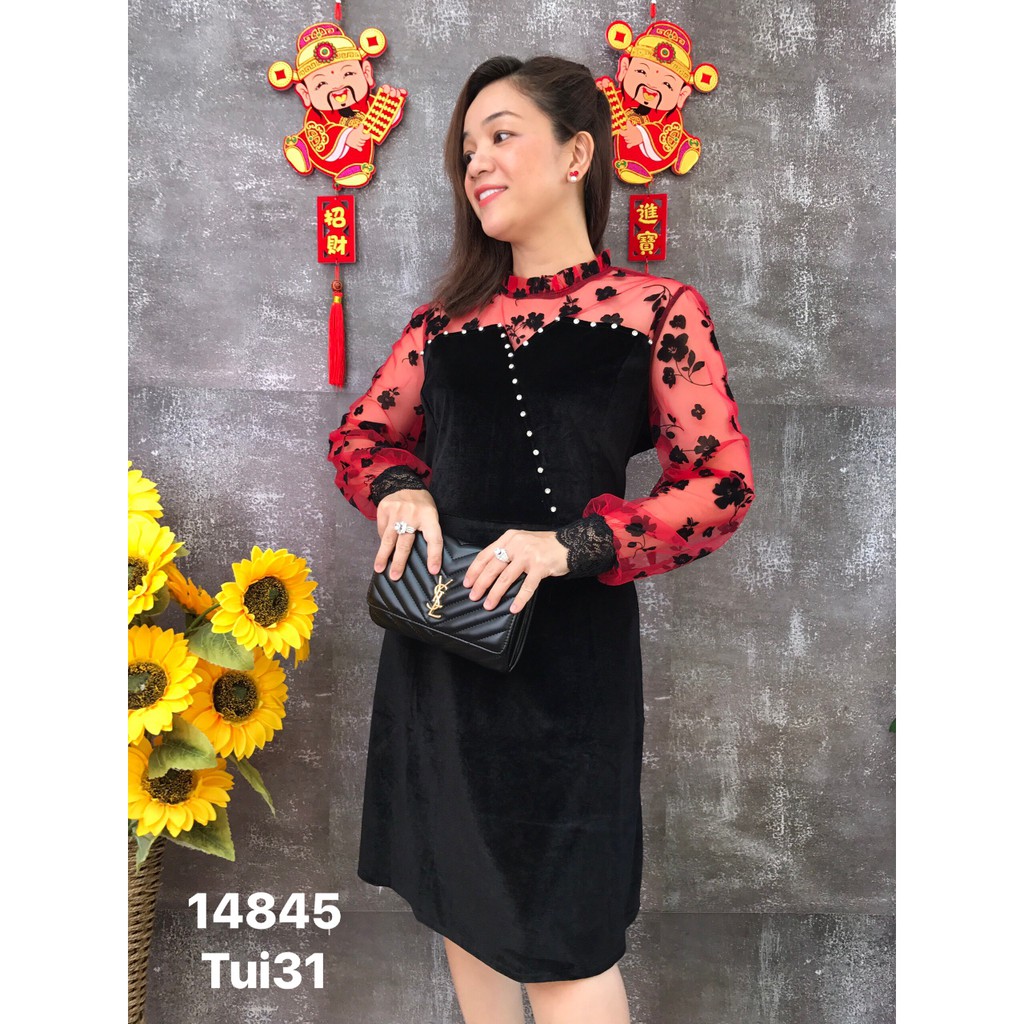 14845 -Đỏ- 3x, Đen - 4x - Đầm BIG SIZE nhung tay lưới hoa đính đá  - DN<130 - Tiệc tiec