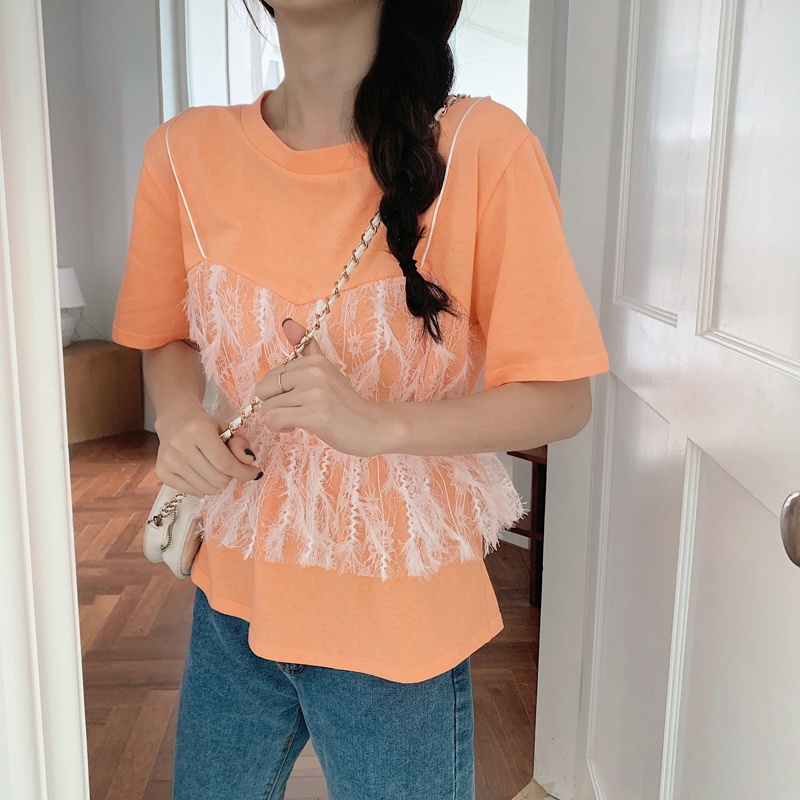 SUXI Áo Thun Nữ Ngắn Tay Phối Ren Thời Trang