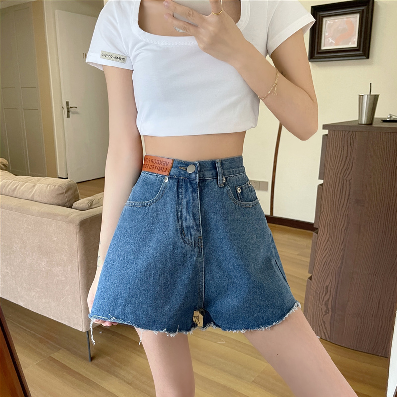 Quần đùi denim nữ SUXI lưng cao dáng rộng phong cách Hàn Quốc