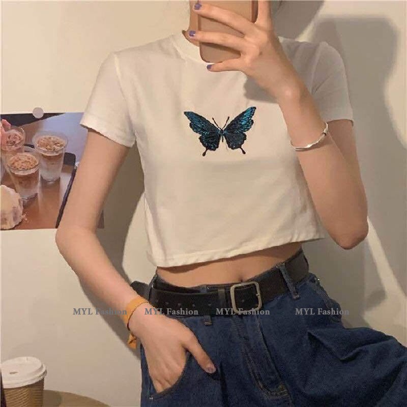 Áo croptop cộc tay, croptop thun gân tay ngắn thêu hình bướm, myl.fashion | BigBuy360 - bigbuy360.vn