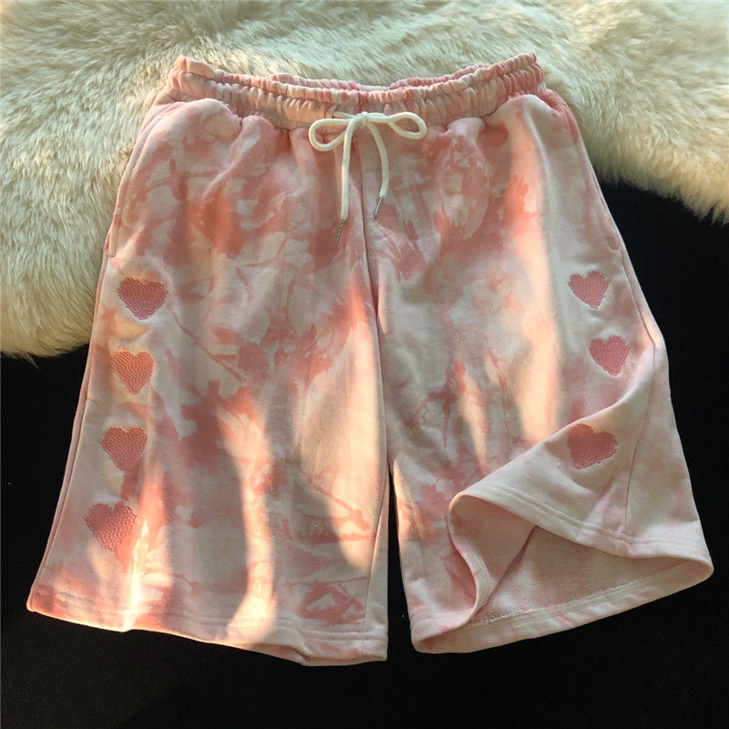 Summer new design sense tie-dye couple casual five-point pants for men and women loose wild love embroidery sports shorts
