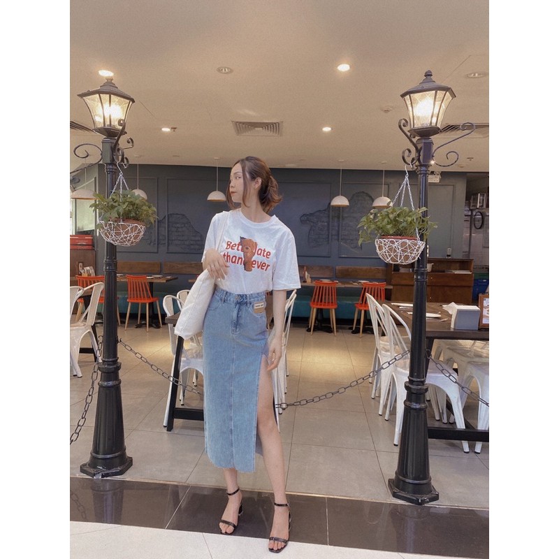 Set áo phông chân váy jeans xẻ