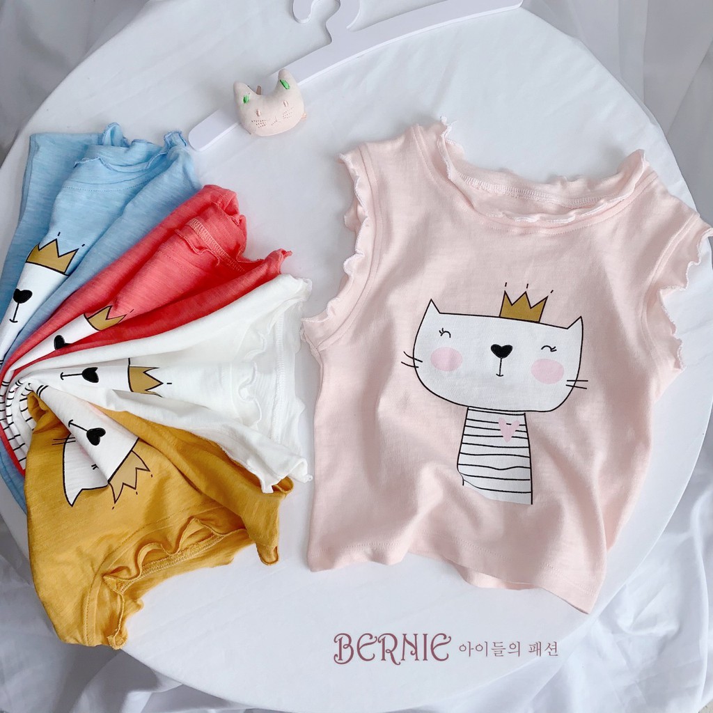 Áo cotton xước ba lỗ hoạ tiết mèo con dễ thương, áo thun cotton mát lịm