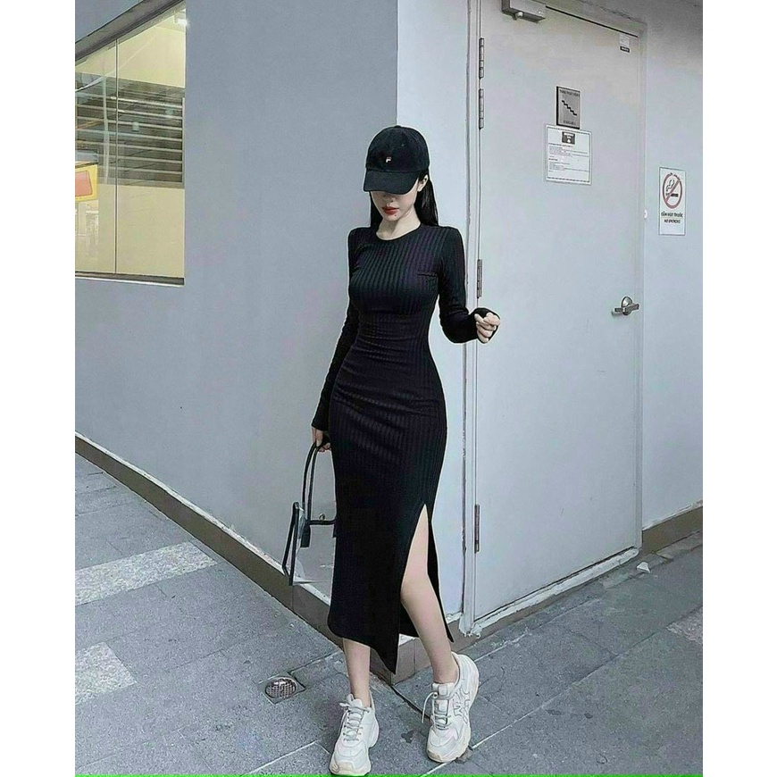 Đầm Ôm Body Sexy Tay Dài Xẻ Tà, Đầm Body Thun Gân Xẻ Đùi Sang Chảnh Siêu Xinh Thời Trang Nữ Minh Phúc