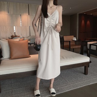 Đầm 2 dây dáng suông cổ V dây thắt ngực màu trơn thời trang xuân hè cho nữ