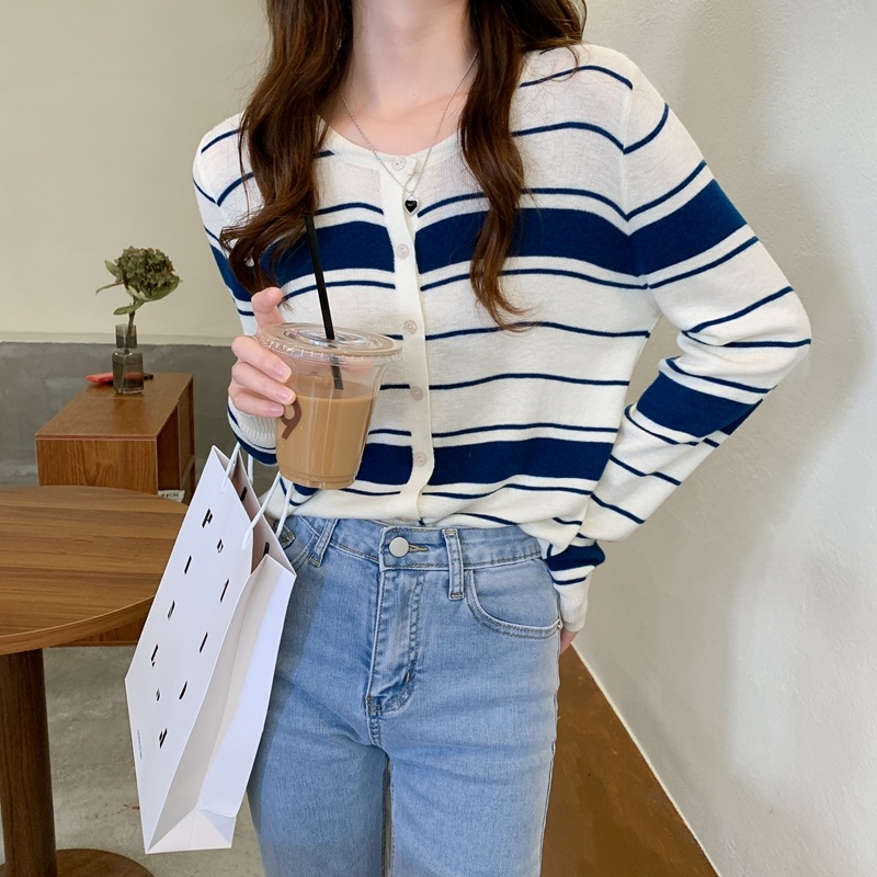 Áo cardigan ZHELIHANGFEI dệt kim tay dài dáng rộng lưng cao kẻ sọc thời trang tùy chọn màu sắc