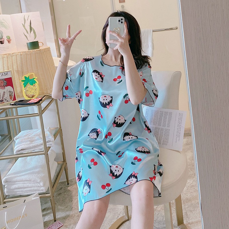 Váy Ngủ Nữ Vải Lụa Bộ Đồ Mùa Hè Mặc Ở Nhà Cộc Tay Dáng Suông Dài Mềm Mát Mỏng Kiểu Hàn Quốc XinhThời Trang VN13