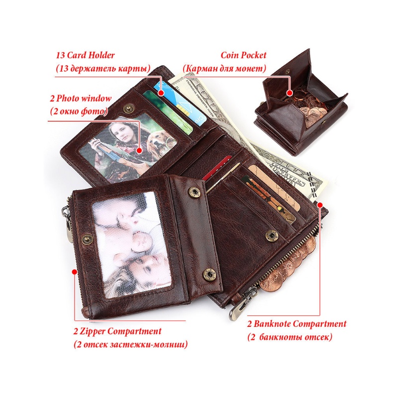 Ví Da Nam Dáng Ngắn Gập Đôi Vintage Giá Đỡ