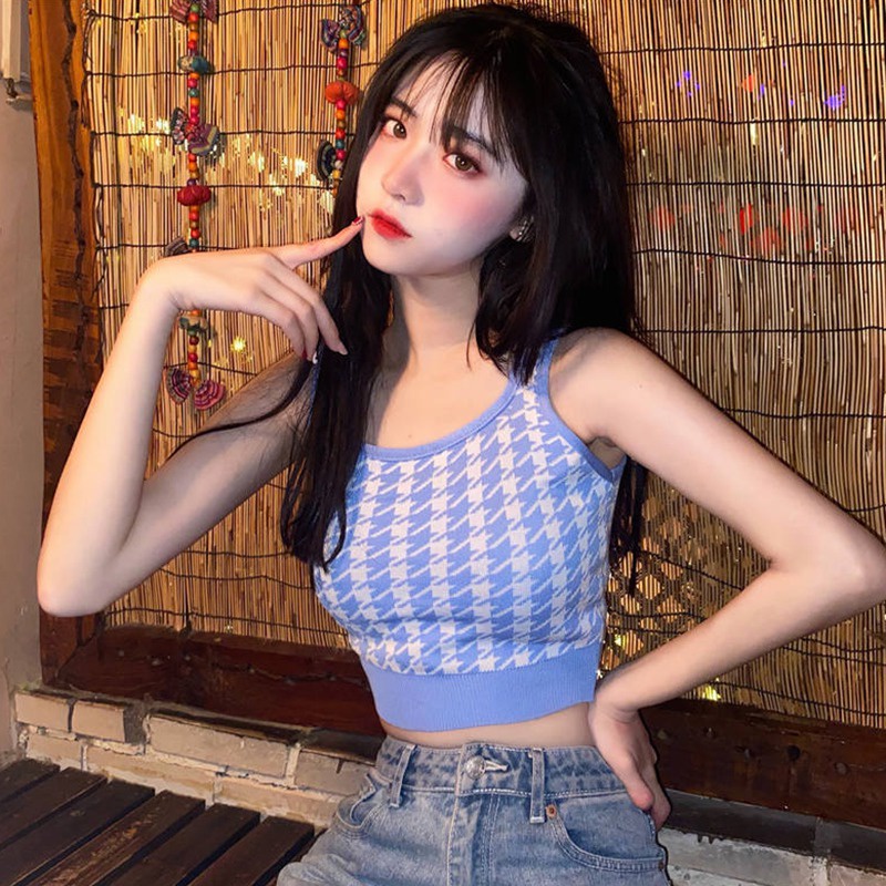 Áo Croptop Dệt Kim Sát Nách Cổ Vuông In Họa Tiết Thời Trang Hàn Quốc Cho Nữ