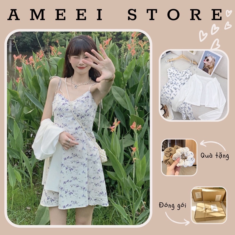 Sét váy đầm 2 dây hoa có mút ngực mix áo khoác cadigan mỏng dáng midi phong cách vintage hàn quốc