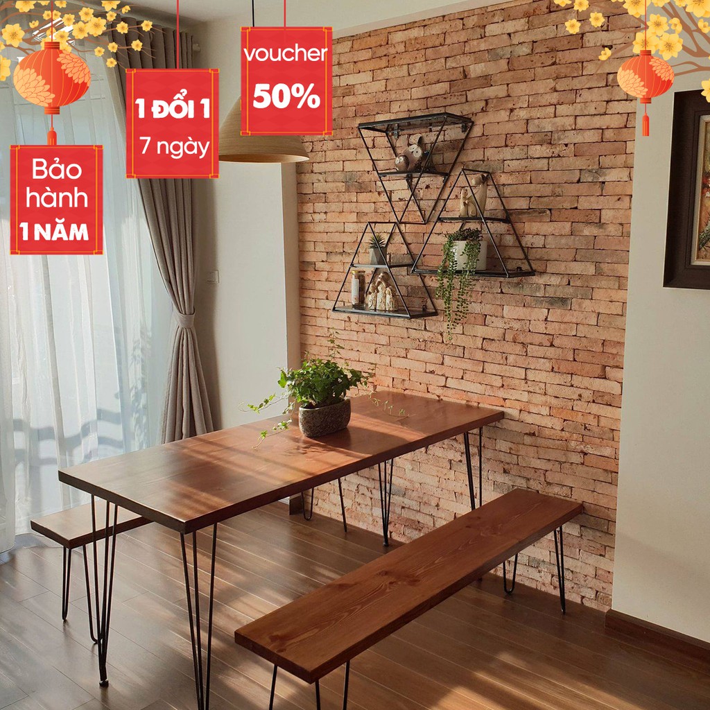 Bàn làm việc văn phòng FEGO bằng gỗ tự nhiên nâu sẫm rustic kết hợp chân hairpin hiện đại