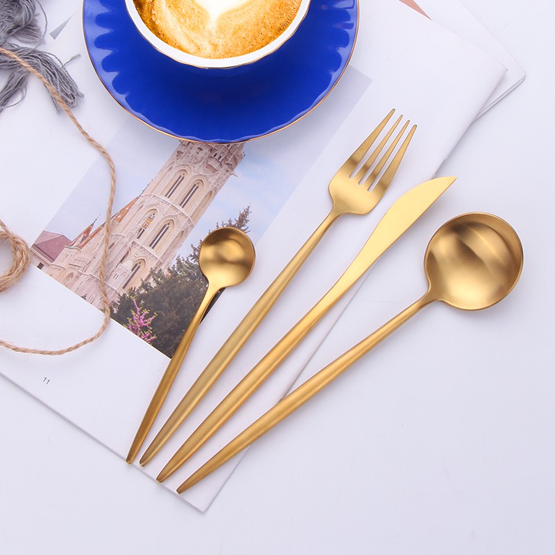 Ready Stock High Quality Forged Flatware Smooth Hotel Household Reusable  Dinnerservice Portugal Style Tableware 304 Stainless Steel  Aristocratic Temperament Gold Cutlery Spoon Fork And Knife Western Cutlery Easy To Clean