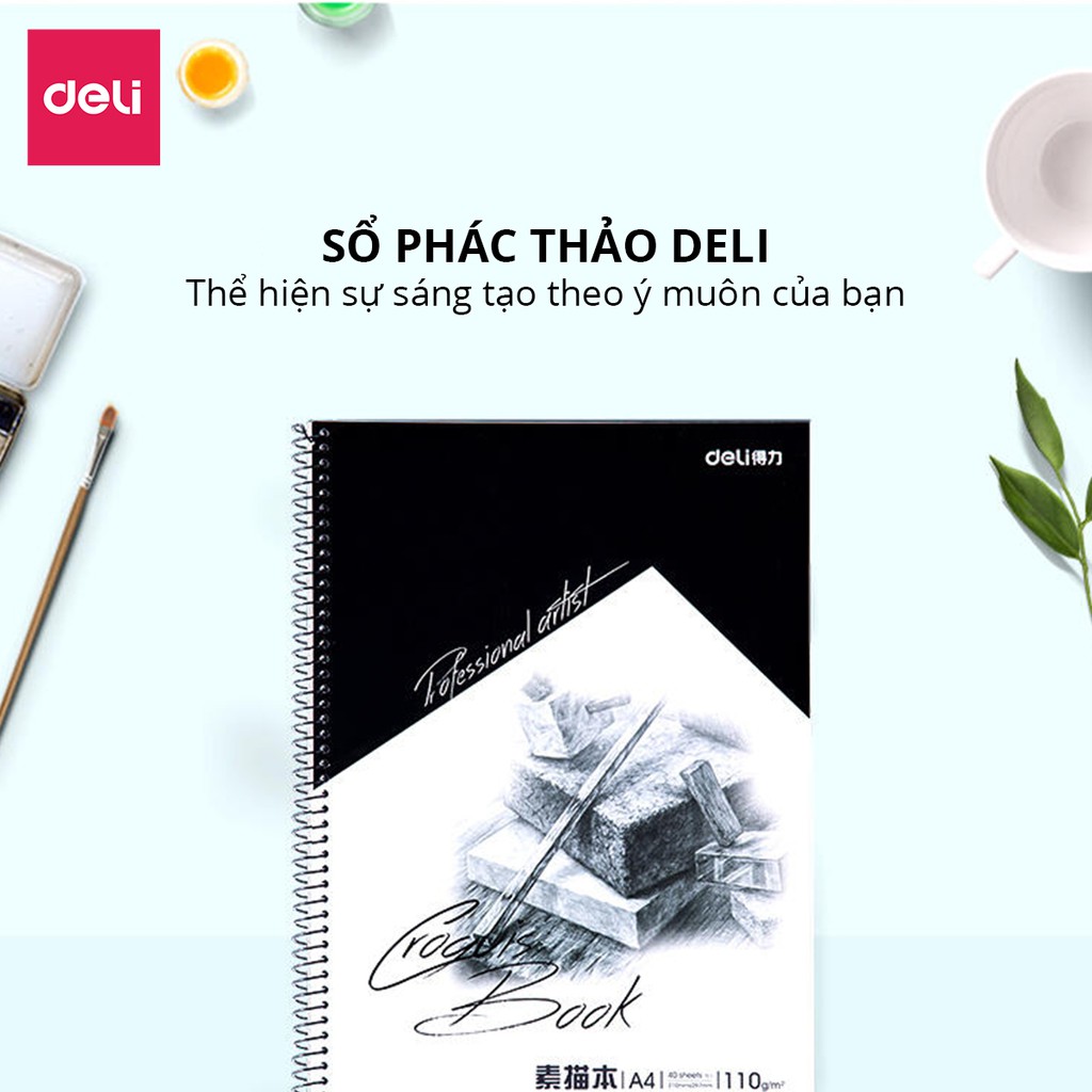 Sổ phác thảo lò xo 110gsm A4 40 trang Deli vẽ chì tranh chân dung phác họa sketchnote sketchpaper dễ dàng bám chì mà màu