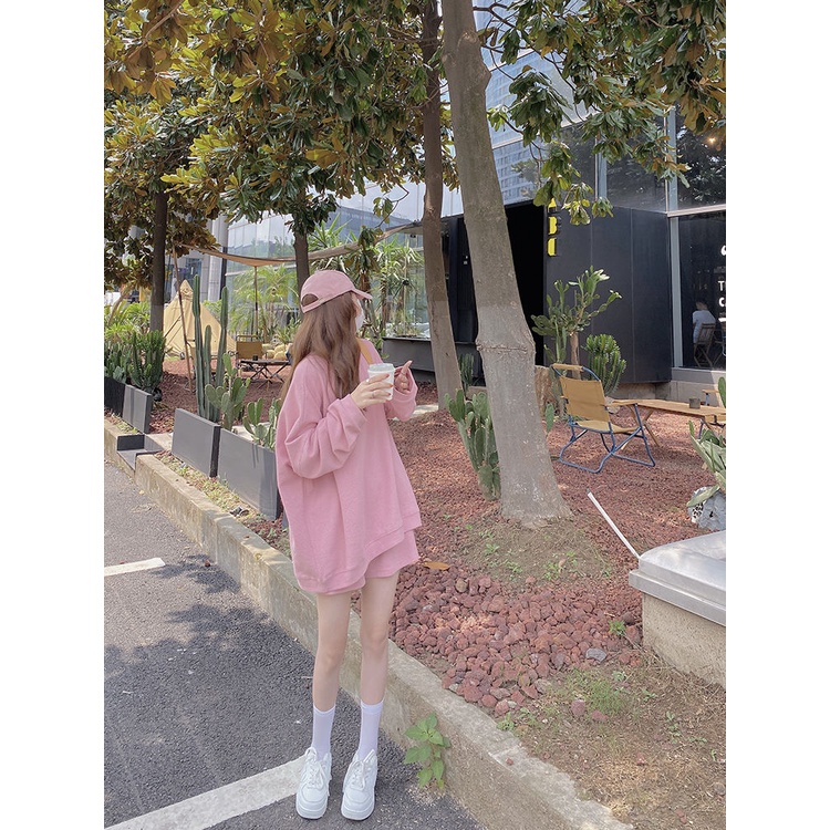 COZOK Set Áo Thun Dài Tay Cổ Tròn + Quần Short Lưng Cao Thời Trang Hàn Cho Nữ