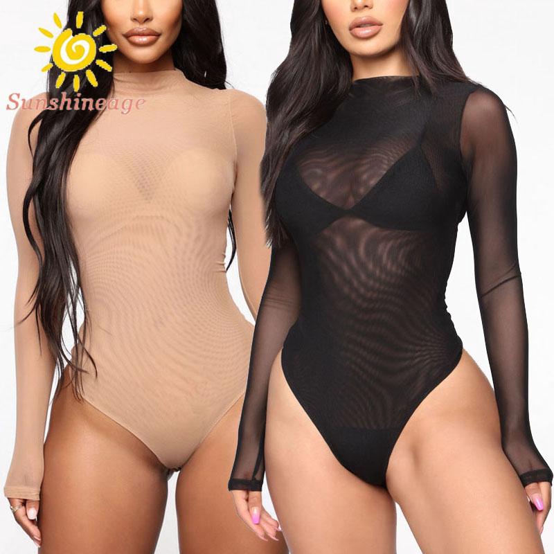 Bodysuit dài tay phối lưới xuyên thấu phong cách quyến rũ dành cho nữ