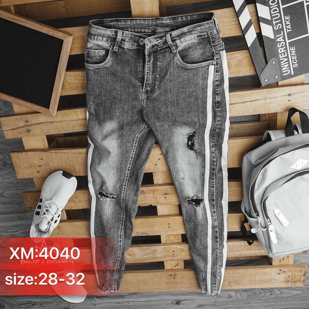 Quần jean nam cao cấp jean co dãn trắng đen rách nhiều phối