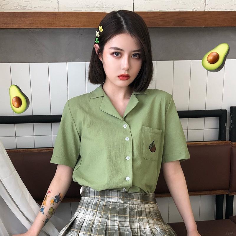 Áo Sơ Mi Nữ Tay Ngắn Có Cổ Thêu Hình Trái Cây Thời Trang