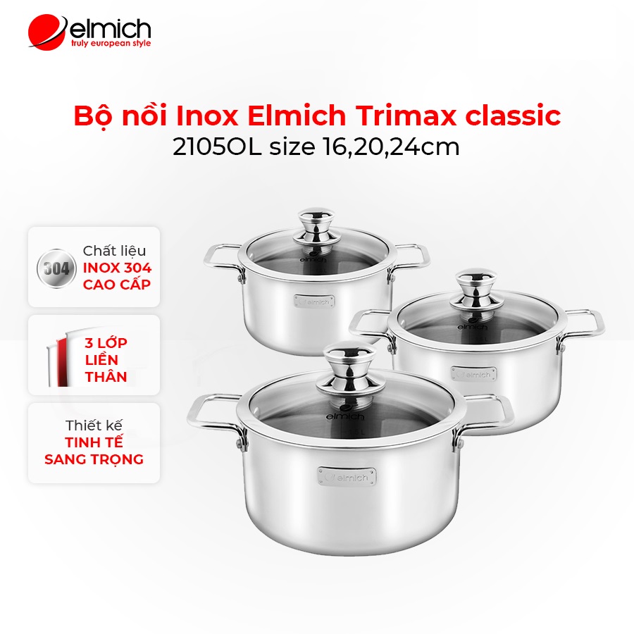 Bộ nồi Inox 3 lớp đáy liền Elmich Trimax classic 2105OL size 16,20,24cm