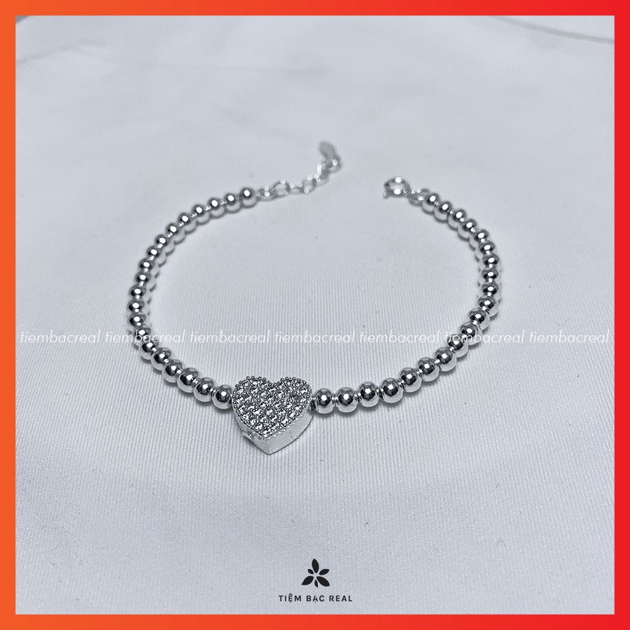 Lắc tay tim dây bi viền đá tinh tế, lắc tay bạc nguyên chất lành tính