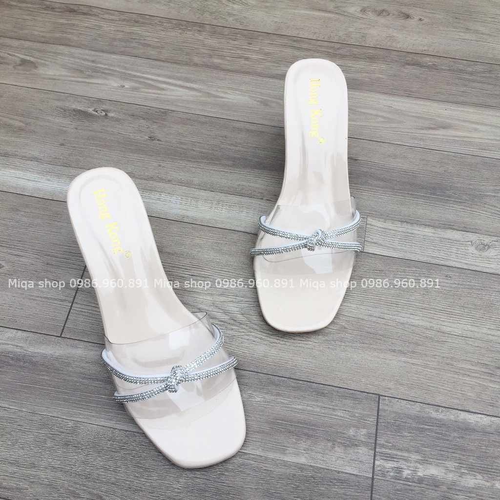 Dép cao gót nữ - Dép quai trong dây đá thắt nơ gót mika trong suốt cao 5p