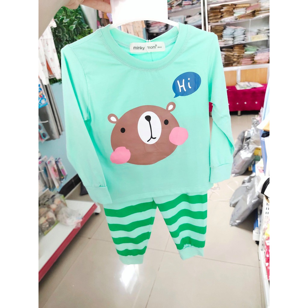 Bộ Dài Tay Minky Mom Cotton 100% Họa Tiết Hoạt Hình Dễ Thương Quần Kẻ Cho Bé Q211 - Unchi Store