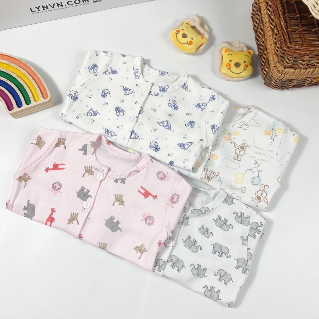 [SALE] Bộ Quần Áo Bé Gái, Bé Trai Minky Mom Vải Cotton Borip Động Vật, Bộ Sơ Sinh Dài Tay Cho Bé MKMSS2104