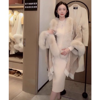 Áo choàng Phối lông dệt kim phong cách retro Pháp