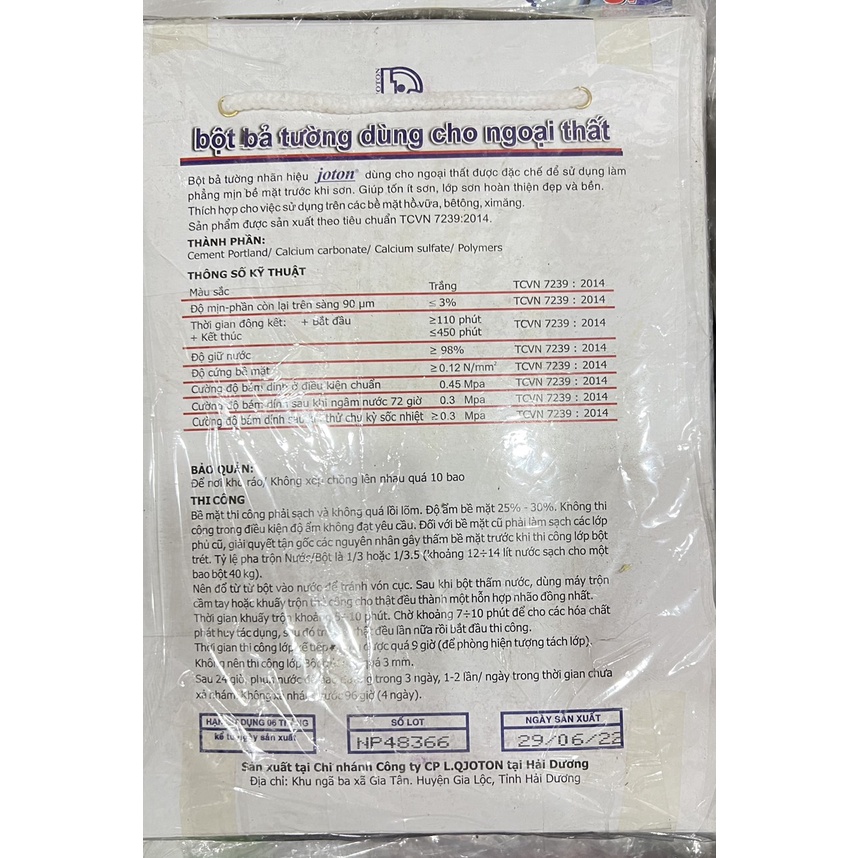 Bao 5kg Bột bả tường ngoại thất Joton