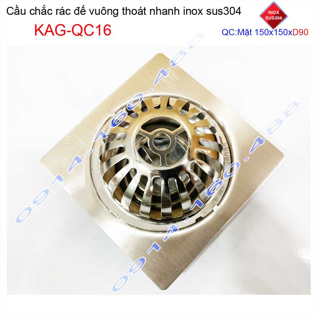 Cầu chắn rác đế vuông 15x15cm D90 KAG-QC16, Phễu thoát nước sân thượng SUS304 ống 9cm thoát nhanh chắn rác tốt