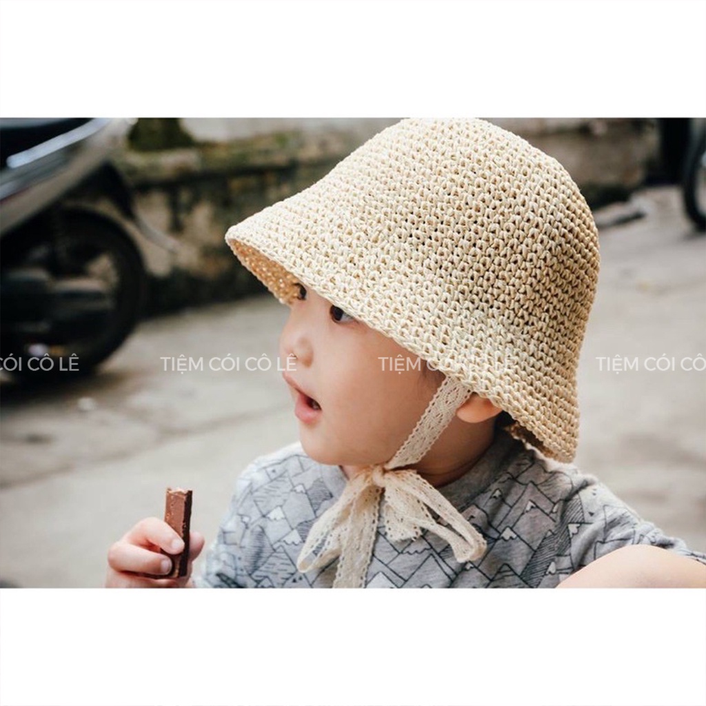 Nón cói em bé thắt dây nơ, mũ cói trẻ em đi biển cho bé 2-4 tuổi - Tiệm Cói Cô Lê