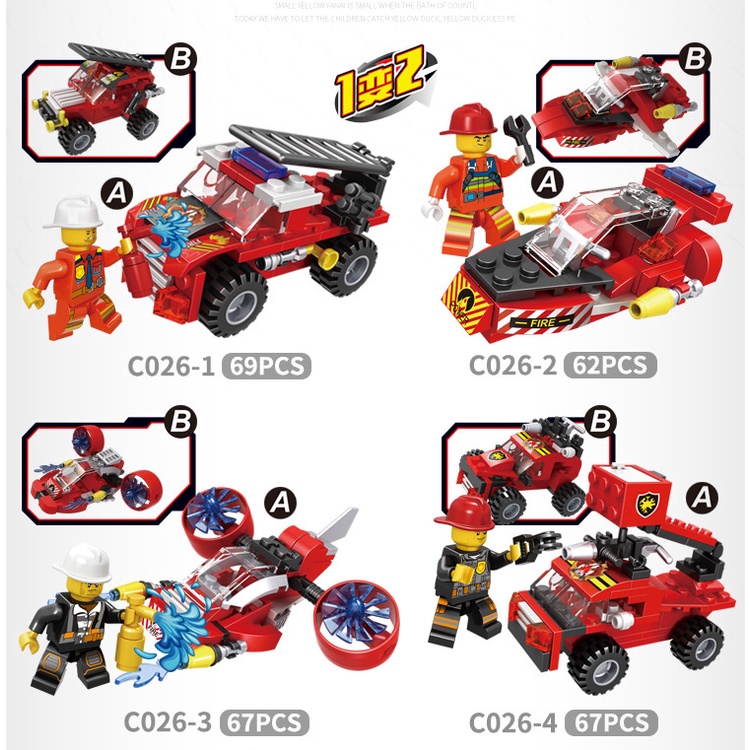 Bộ Đồ Chơi Lego Xếp hình Cứu Hỏa 6 mẫu Xe oto tùy chọn Cho Bé luyện Tư duy sáng tạo