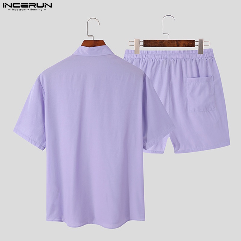 INCERUN Bộ Áo Sơ Mi Ngắn Tay+Quần Short 3 Màu Thời Trang Mùa Hè Cho Nam