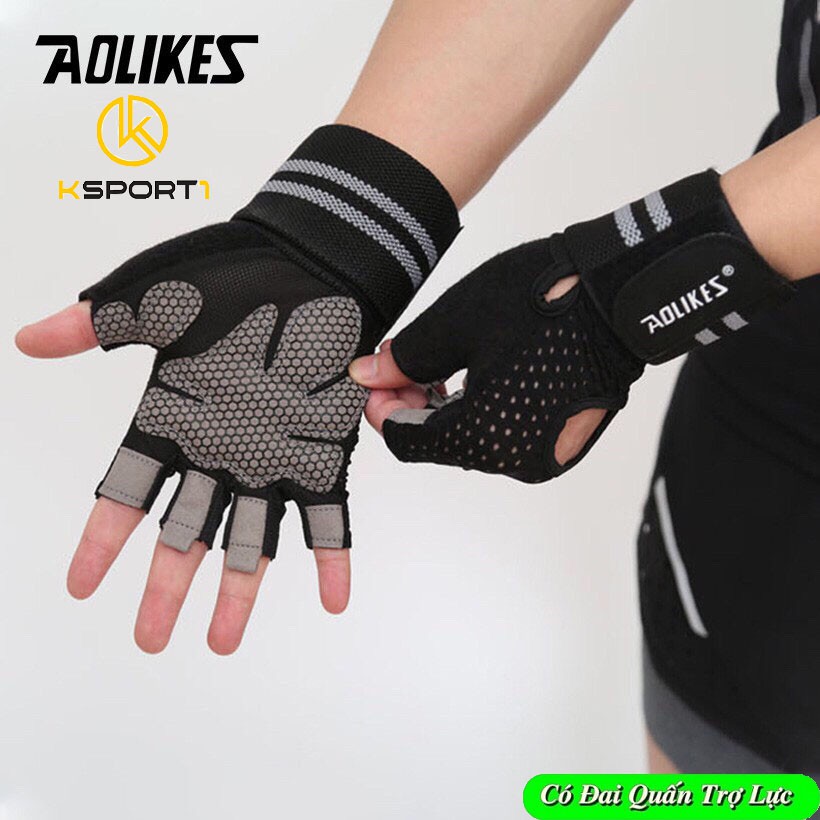 Găng tay Nam Nữ Tập Gym Có Cuốn Trợ Lực Cổ Tay Cao Cấp Aolikes Hở Bàn ( 1 đôi )