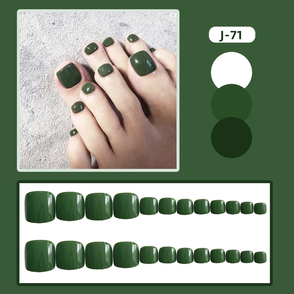 set 24 móng chân giả màu xanh rêu J71 Jojo móng giả móng úp sơn trơn bóng rẻ thời trang