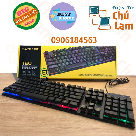 Bàn phím chơi game có dây T-WOLF T-20 104 phím Đèn nền RGB đầy màu sắc Bàn phím cơ học cảm ứng công thái học cho