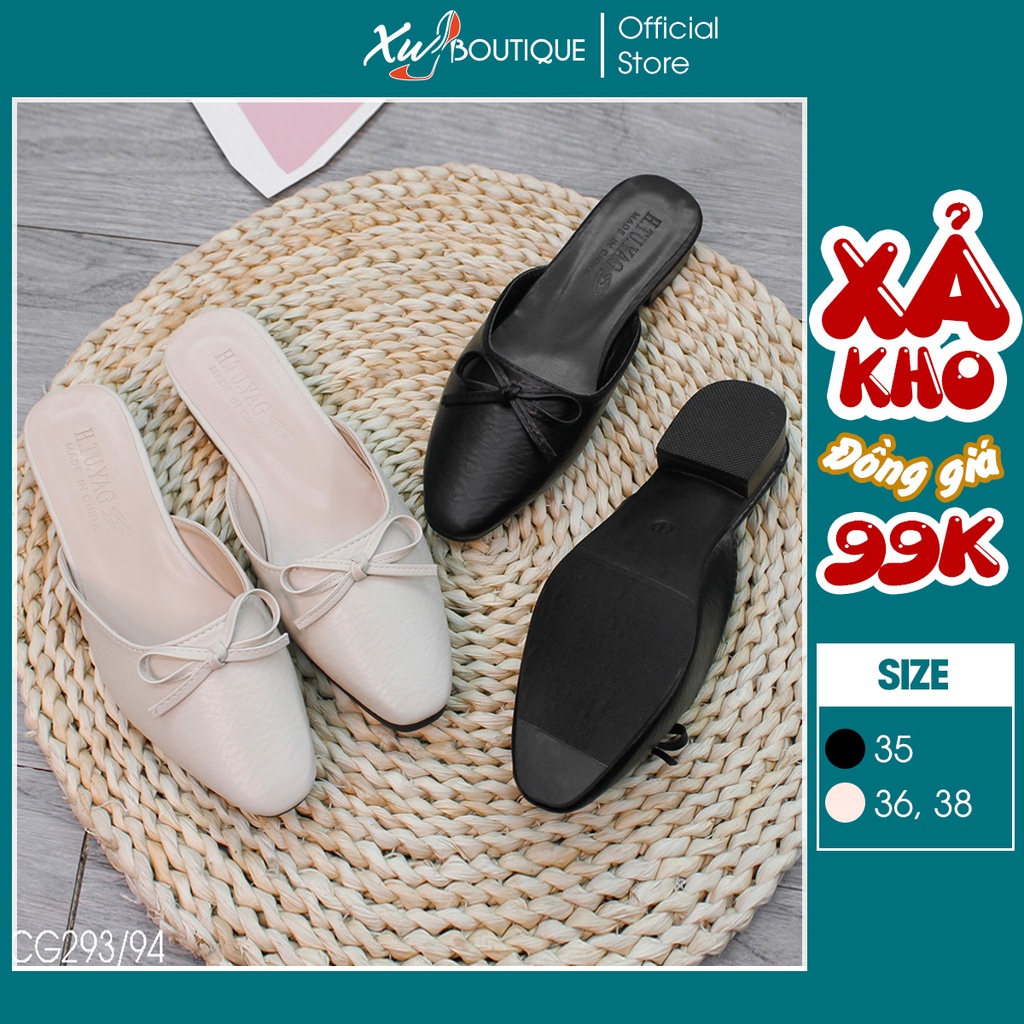 Giày Cao Gót, Sục Nữ H.TU Mũi Nhọn Phối Nơ Nhỏ Xinh Gót Vuông Cao 3CM - Chất Da Mờ Bao Đẹp CG293/94