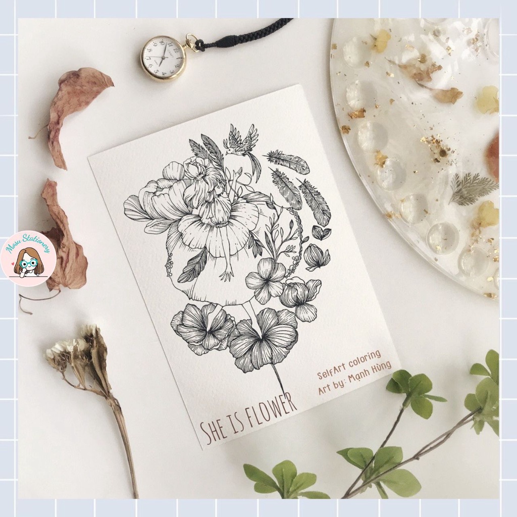 Tranh tô màu - "She is flower" của hoạ sĩ @manhhung, 5 tranh giấy coldpress 300gsm