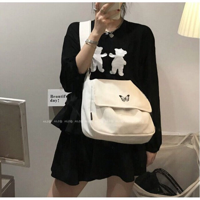 TÚI TOTE VẢI CANVAS ĐEO CHÉO HÌNH BƯỚM UNISEX NAM NỮ HÀN QUỐC