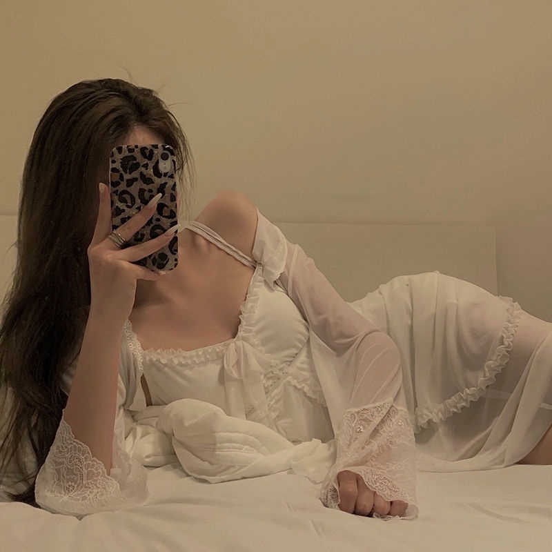 Cổ Phiếu Sẵn Sàng❣Bộ Đồ Ngủ Pajamas Hai Dây Dáng Rộng Phối Ren Kiểu Công Chúa Ngọt Ngào Phong Cách Hàn Quốc Thời Trang Xuân Thu Dành Cho Nữ